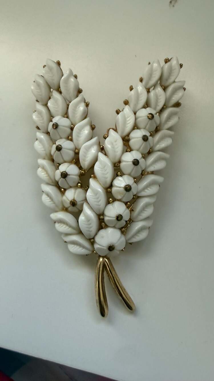 Vintage Trifari White Milk Glass Leaf and Flower Spray Brooch